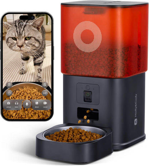 Smart Automatic Cat Feeder with Camera - 6L Capacity, 2-Way Audio, Night Vision, App Control, Stainless Steel Bowl (Black)